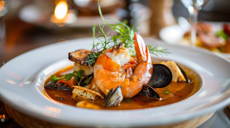 A beautifully plated dish of bouillabaisse with various seafood and a rich broth.の素材