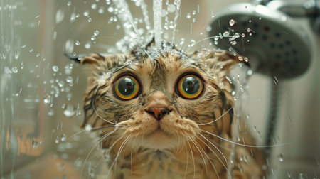 A cat being bathed with a handheld showerhead, looking curious and calm.の素材