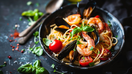 A beautifully presented seafood pasta with shrimp, mussels, and cherry tomatoes.の素材