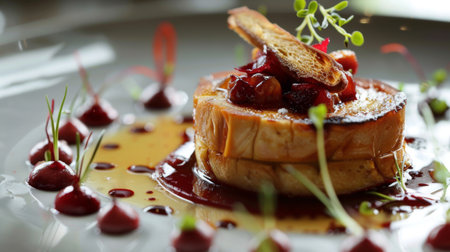 A beautifully presented foie gras dish with a fruit compote and toasted brioche.の素材