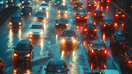 A busy intersection with traffic lights shining through the rain and car headlights.の素材