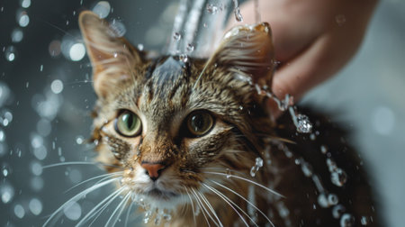 A cat being gently held under a shower stream, looking at the camera.の素材