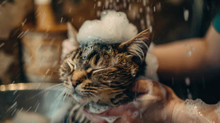 A cat being gently washed by a person, with shampoo lathered on its fur.の素材