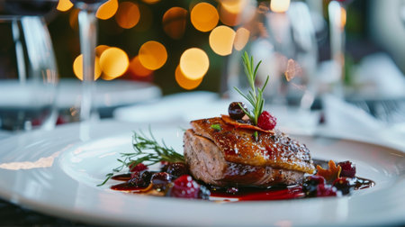 A beautifully plated piece of roasted duck breast with a berry sauce.の素材