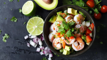 A beautifully arranged ceviche with shrimp, lime, cilantro, and avocado.の素材
