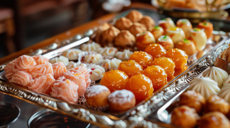 A beautifully arranged platter of assorted Indian sweets like gulab jamun and jalebi.の素材