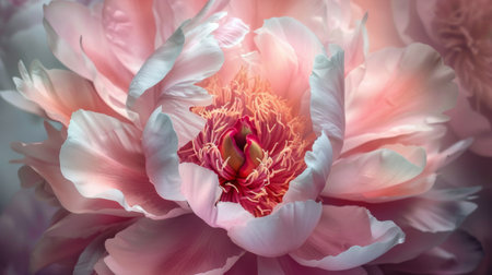 A beautiful top view of a peony flower with its layers of petals fully open.の素材