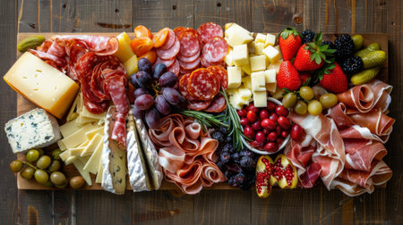 A beautifully arranged charcuterie board with various cheeses, meats, and fruits.の素材