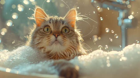 A cat in a bathtub with soapy bubbles and water running from a showerhead.の素材