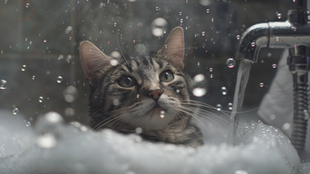 A cat in a bathtub with soapy bubbles and water running from a showerhead.の素材