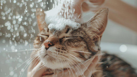 A cat being gently washed by a person, with shampoo lathered on its fur.の素材