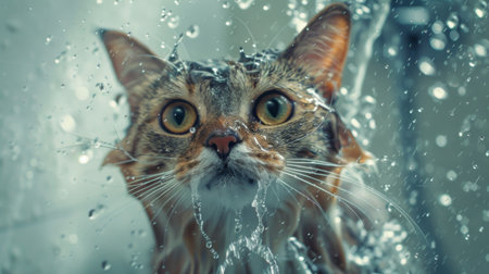 A cat in a shower with a playful look, water streaming down its face.の素材