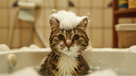 A cat with soapy bubbles on its head, sitting in a bathtub.の素材