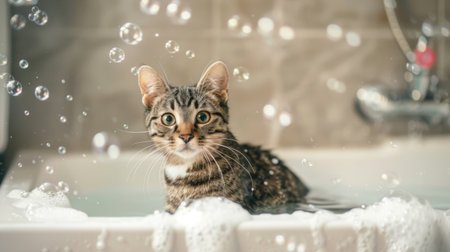 A cat sitting in a bathtub with soapy bubbles and a content expressionの素材