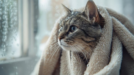 A cat wrapped in a towel after a shower, looking calm and relaxedの素材