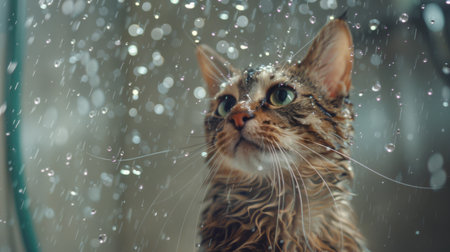 A cat in a shower with a playful look, water streaming down its face.の素材