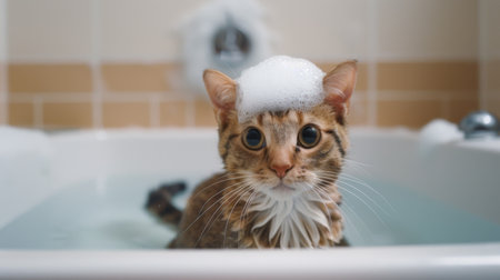 A cat with soapy bubbles on its head, sitting in a bathtub.の素材
