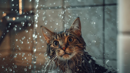 A cat in a shower stall, water cascading over its back and a playful expression.の素材