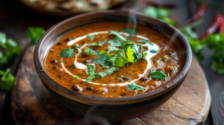 A detailed shot of a bowl of dal makhani with a swirl of cream and coriander leaves.の素材