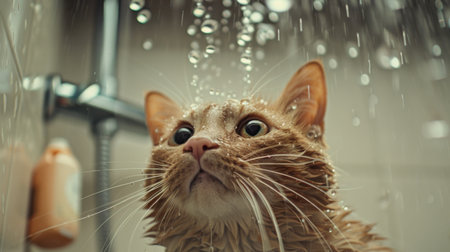 A cat standing in a shower with water droplets on its whiskers.の素材