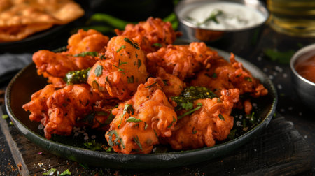 A detailed shot of a plate of pakoras with crispy coating and chutney on the side.の素材