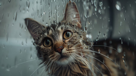 A cat standing in a shower with water droplets on its whiskers.の素材