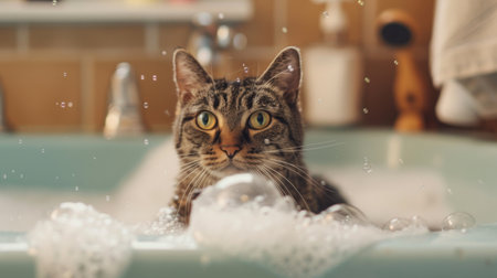A cat sitting in a bathtub with soapy bubbles and a content expressionの素材