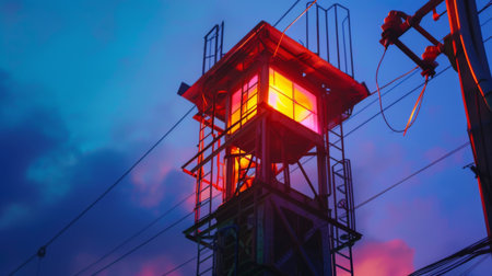 A close-up of a signal tower illuminated with vibrant colors, standing tall in the evening.の素材
