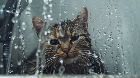 A cat in a shower stall, water cascading over its back and a playful expression.の素材