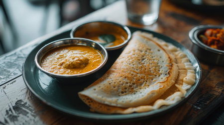 A detailed shot of a plate of dosa with a side of coconut chutney and sambar.の素材