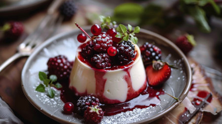 A detailed shot of a serving of panna cotta with berry compote on top.の素材