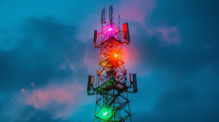 A close-up of a signal tower illuminated with vibrant colors, standing tall in the evening.の素材