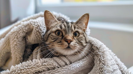 A cat wrapped in a towel after a shower, looking calm and relaxedの素材