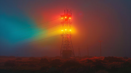 A signal tower with lights creating a rainbow effect, set against a darkening sky.の素材