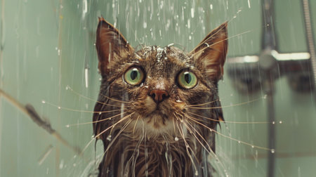 A cat in a shower with water running over its fur, eyes wide open.の素材