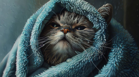 A cat wrapped in a fluffy towel after a shower, with a serene expression.の素材