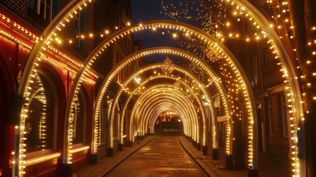 A festive street with arches of lights creating a tunnel effect.の素材