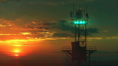 A signal tower with green and blue lights, set against a sunset sky.の素材