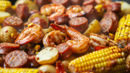 A detailed shot of a seafood boil with shrimp, corn, potatoes, and sausage.の素材