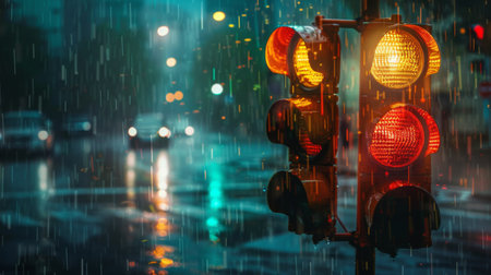 A vibrant traffic light shining brightly against a backdrop of rainy city streets.の素材