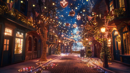 A festival street with sparkling lights draped over trees and buildings.の素材