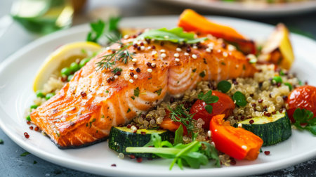 A gourmet salmon fillet served with quinoa and roasted vegetables on a white plate.の素材