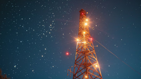 A signal tower with sparkling white lights, shining brightly against a clear night sky.の素材