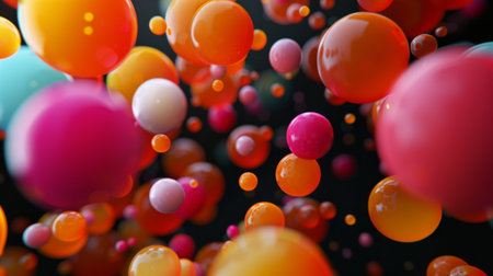 Abstract 3D spheres of different sizes and colors, floating in a black void.の素材