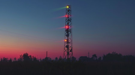 A tall signal tower with lights changing colors in a sequence, set against the evening sky.の素材