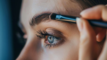 A woman's fingers holding a makeup brush, applying eyeshadow.の素材