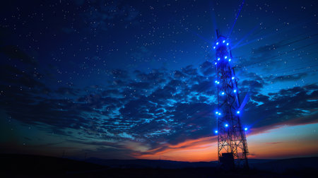 A signal tower glowing with blue lights against a twilight sky, symbolizing connectivity.の素材