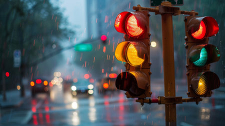 A traffic light changing from red to green amidst a rainy cityscape.の素材