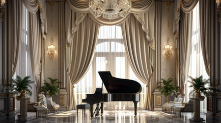 A grand piano with a backdrop of soft, elegant drapes and a well-decorated room, creating a refined and luxurious atmosphere.の素材