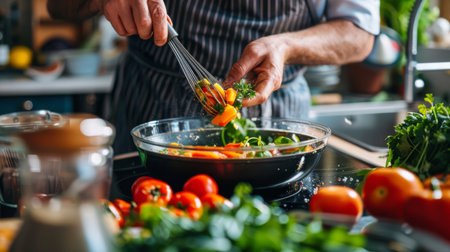 A person preparing a meal in a modern kitchen, mixing ingredients in a bowl and using a hand whisk.の素材